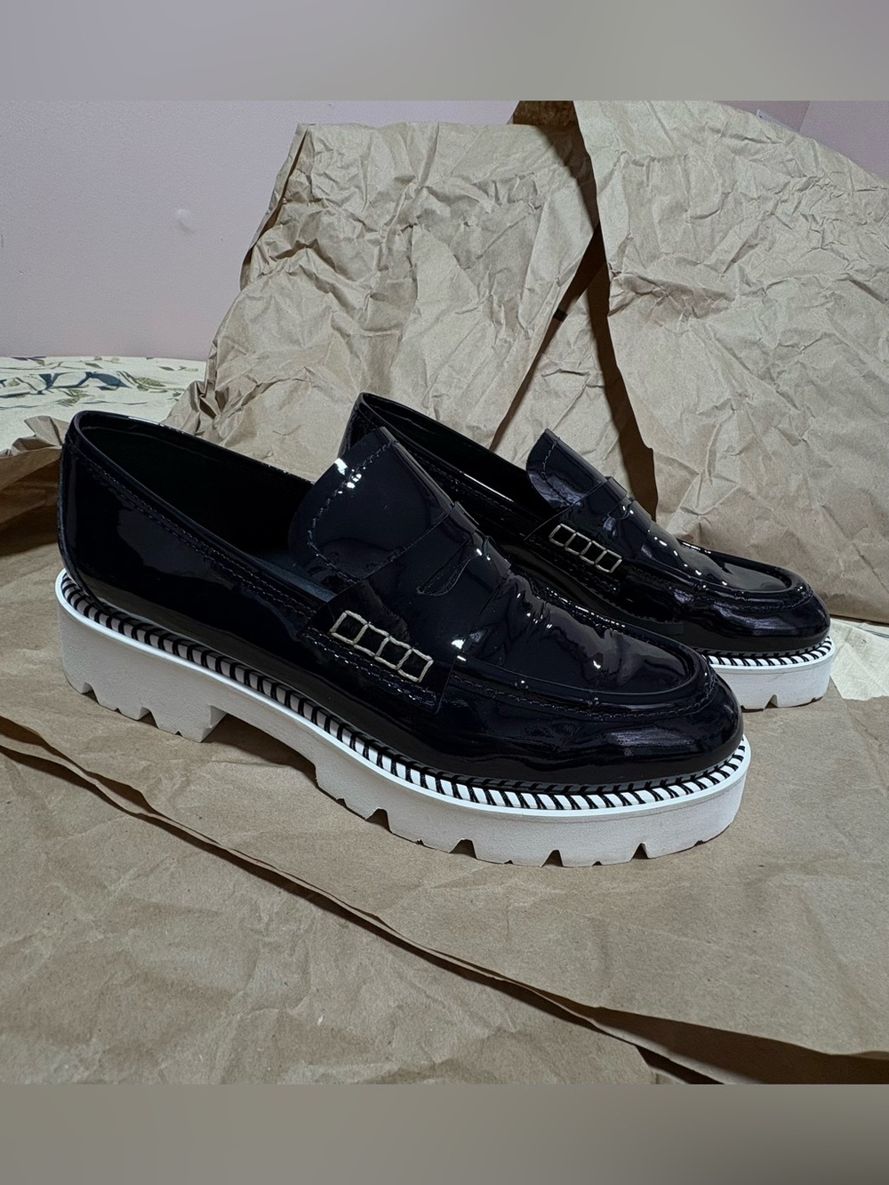 La CANADIENNE black patent Leather Loafers with white soles size 41